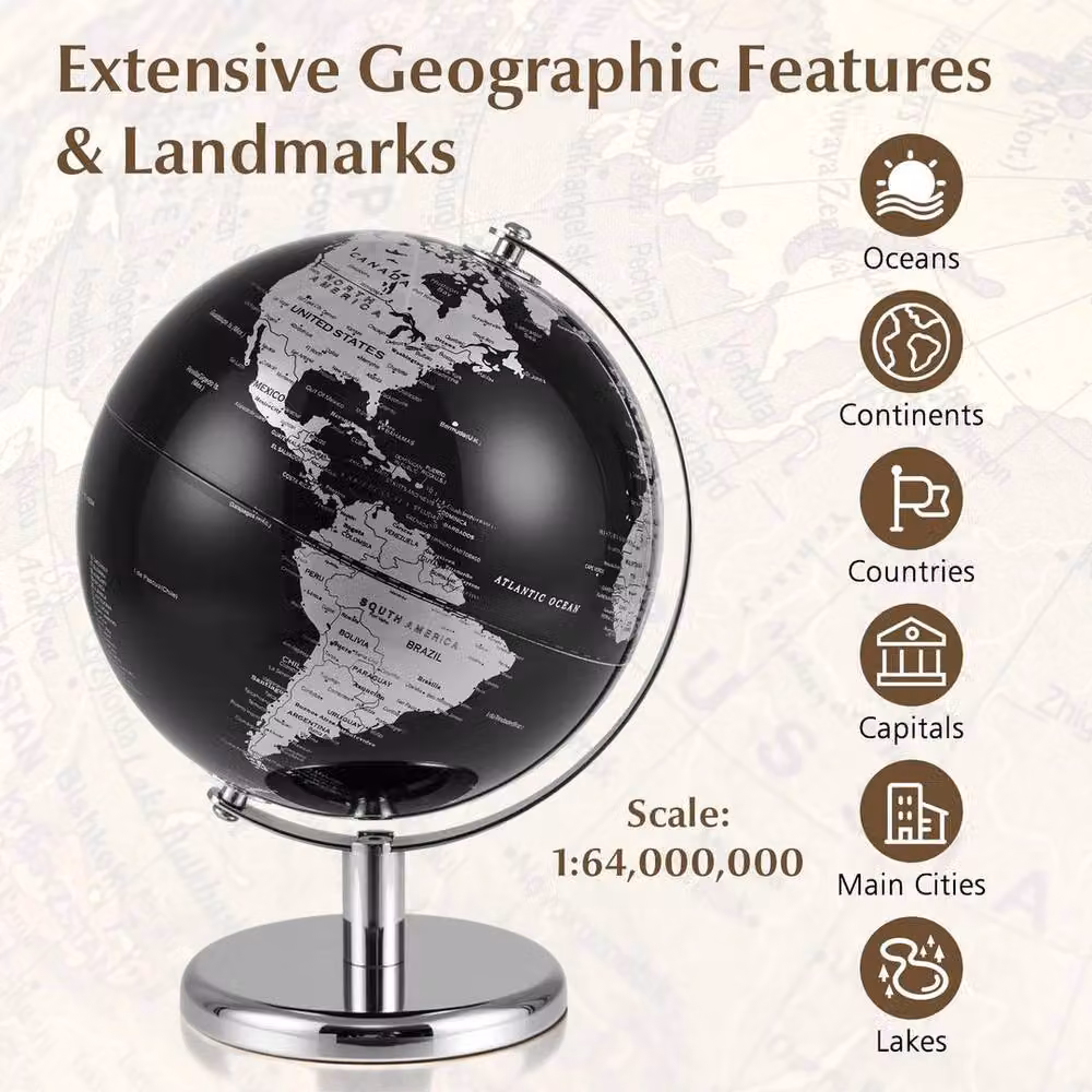 SPETLEK Silver and Black World Globe with Metal Stand, 22 cm Diameter – 4