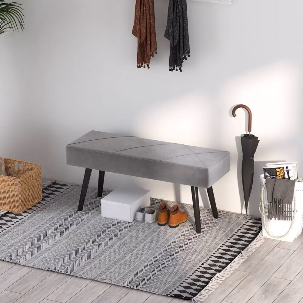 STILVORA Modern Upholstered Grey Fabric Bench with Metal Legs – 3