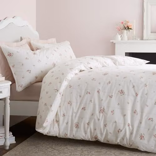Bianca Vintage Rosebud Lace 200 Thread Count Cotton Percale Double Duvet Set, Cream/Beige/White, Duvet Cover 200 x 200 cm and Pillowcase 50 x 75 cm
