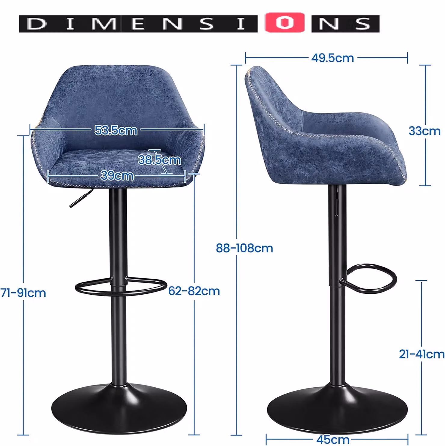 Modcraft Set of 2 Blue Synthetic Leather Height Adjustable Swivel Bar Stools with Armrests – 4