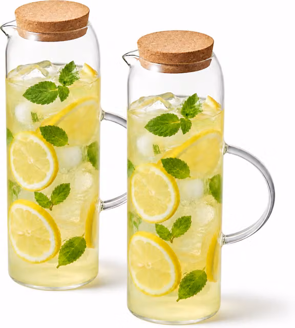 Eden & Willow Slim Glass Water Jug with Cork Lid and Drip-Free Pouring Spout, Transparent, 2 Pack