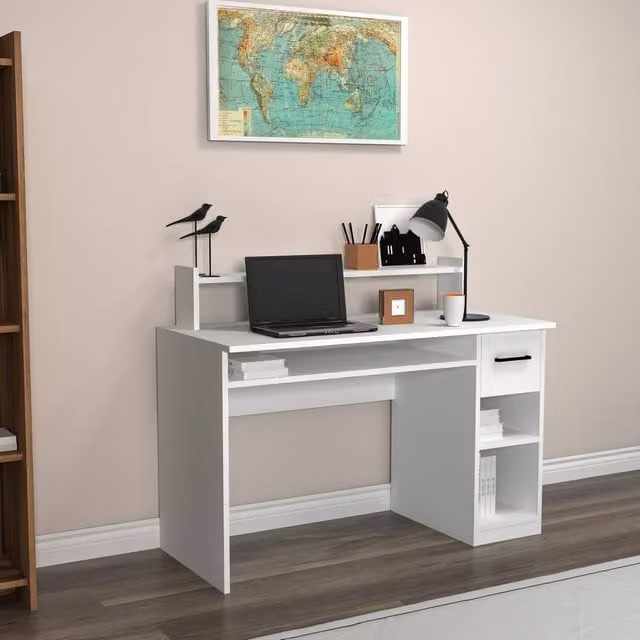 Destina Home Eslem Computer Desk in White with Drawer and Shelves – 1