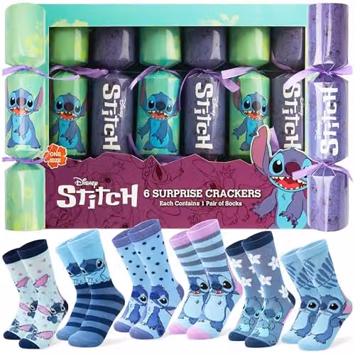 Disney Stitch Luxury Christmas Crackers, Pack of 6 Multicolour Party Crackers with Adult Socks for You – 1