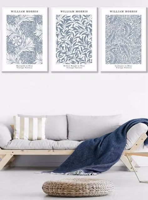 ARTZE Blue and White William Morris Vintage Floral Framed Wall Art, W: 53 cm, H: 73 cm, D: 2 cm