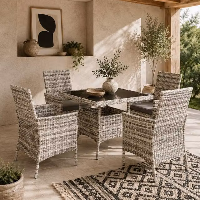 Wyld Haus Noha 4 Seater Outdoor Dining Set in Mixed Grey Polyrattan with Square Tempered Glass Table – 1