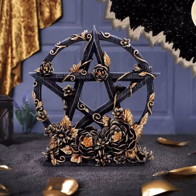Nemesis Now Dark Floral Pentagram Star Tabletop Ornament in Black and Gold, Height: 16.5 cm