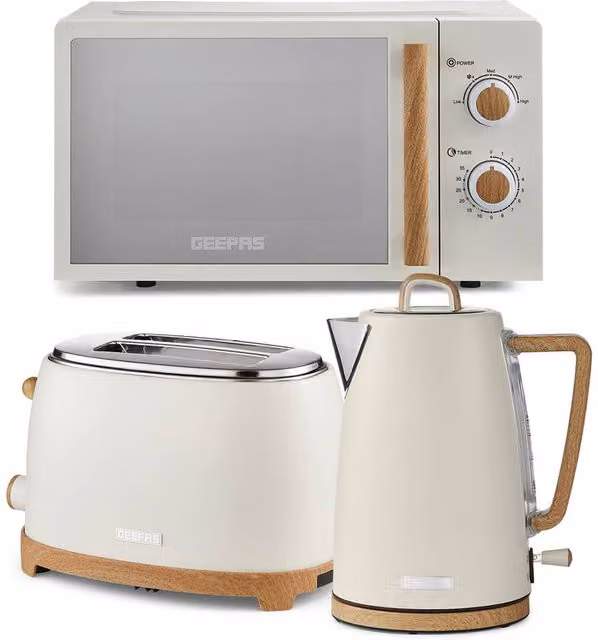 Geepas NordiQ Collection Kettle, 2-Slice Toaster and 20L Microwave Set in Cream