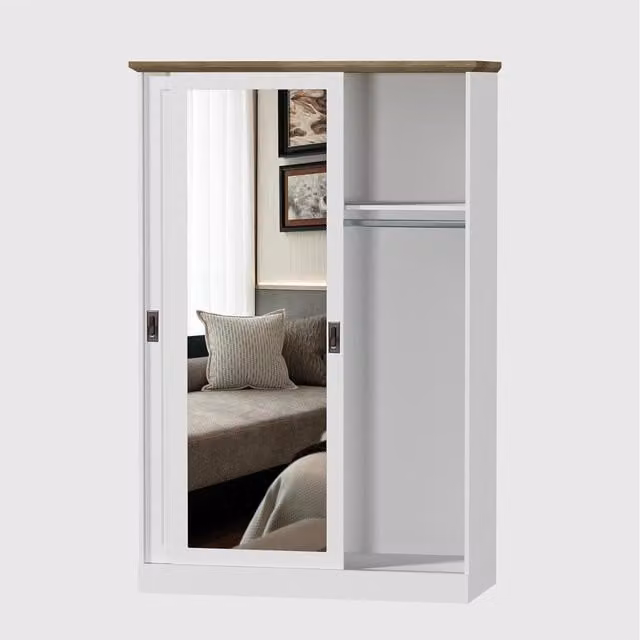 Kosy Koala Modern Sliding Door Wardrobe with Mirror in White and Wood, W/D/H: 120 x 50 x 181 cm