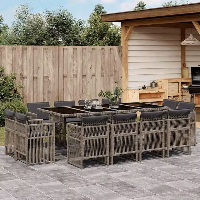 Berkfield Home 13 Piece Grey Poly Rattan Garden Dining Set with Cushions and Glass Tabletop