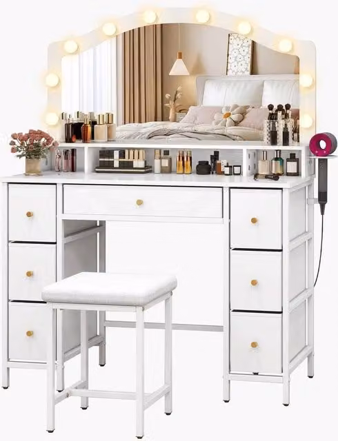 FORGEVIO Modern White Dressing Table with LED Hollywood Mirror and Stool Set – 1