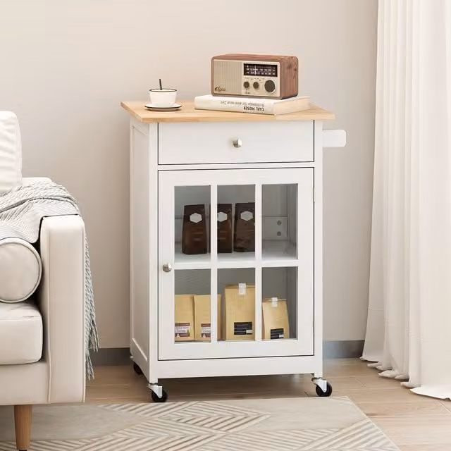 COSTWAY Modern White Kitchen Mobile Bar Table with Castors and Rubberwood Construction