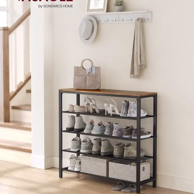 VASAGLE Industrial 4-Tier Shoe Rack with Mesh Shelves in Black and Brown