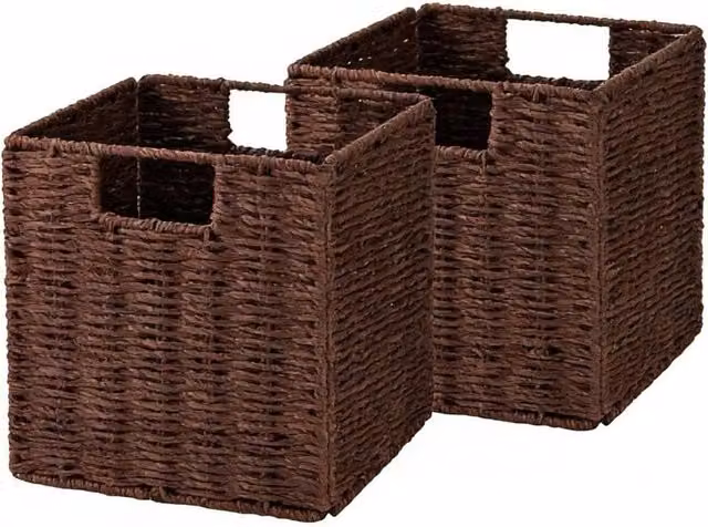 Kelvenix Set of 2 Brown Faux Wicker Open Weave Foldable Plastic Baskets