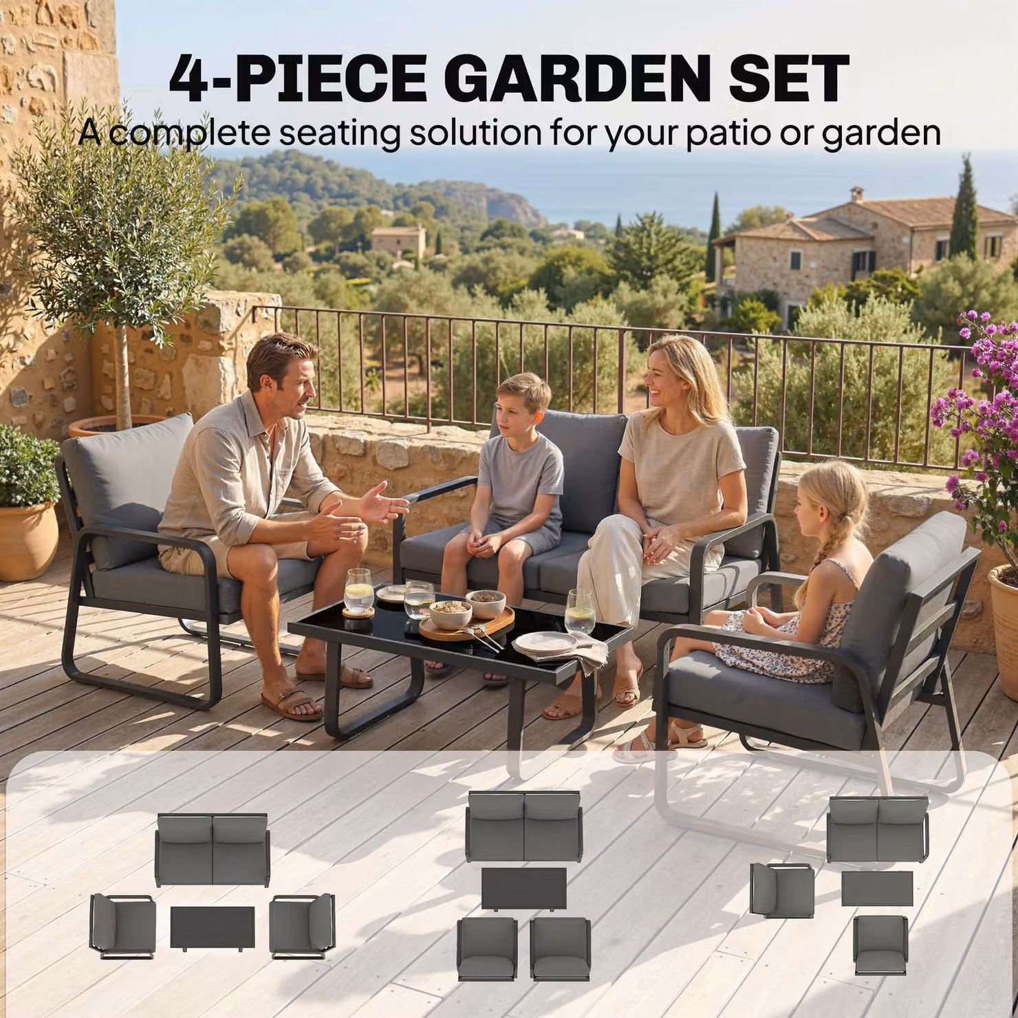 Outsunny 4 Piece Grey Garden Furniture Set with Upholstered 2 Seater Sofa, 2 Armchairs, Glass Top Coffee Table and Cushions – 4