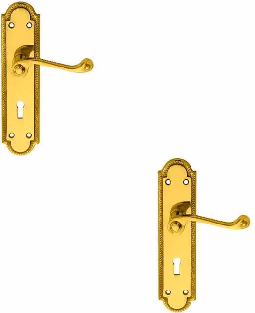 Loops 2x Pair Reeded Scroll Handles with Shaped Lock Backplate in Polished Brass, 205 x 49 mm