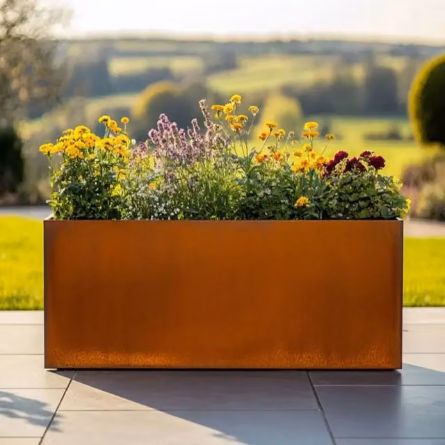 Corten Steel Trough Planter in Brown and Orange, Woven Wood Design, W: 100 cm