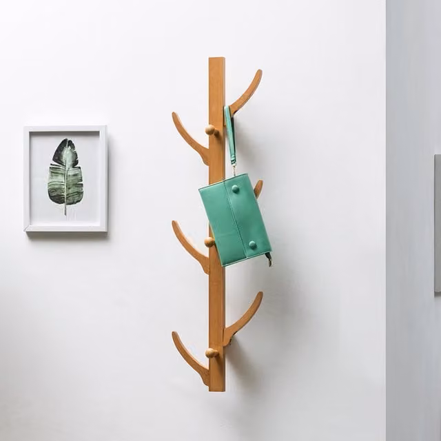 Livingandhome Wall-Mounted Tree Coat Rack with 12 Hooks in Brown Bamboo, Height: 84 cm