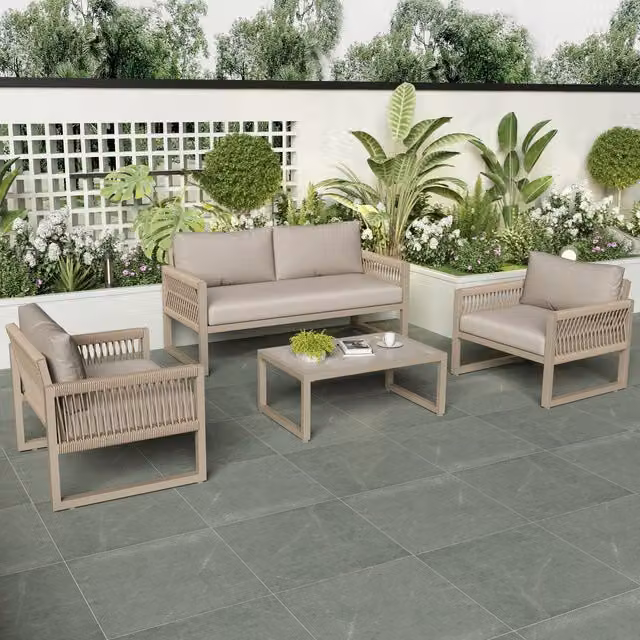 Modern Beige Outdoor Lounge Set with Glass and Metal Coffee Table