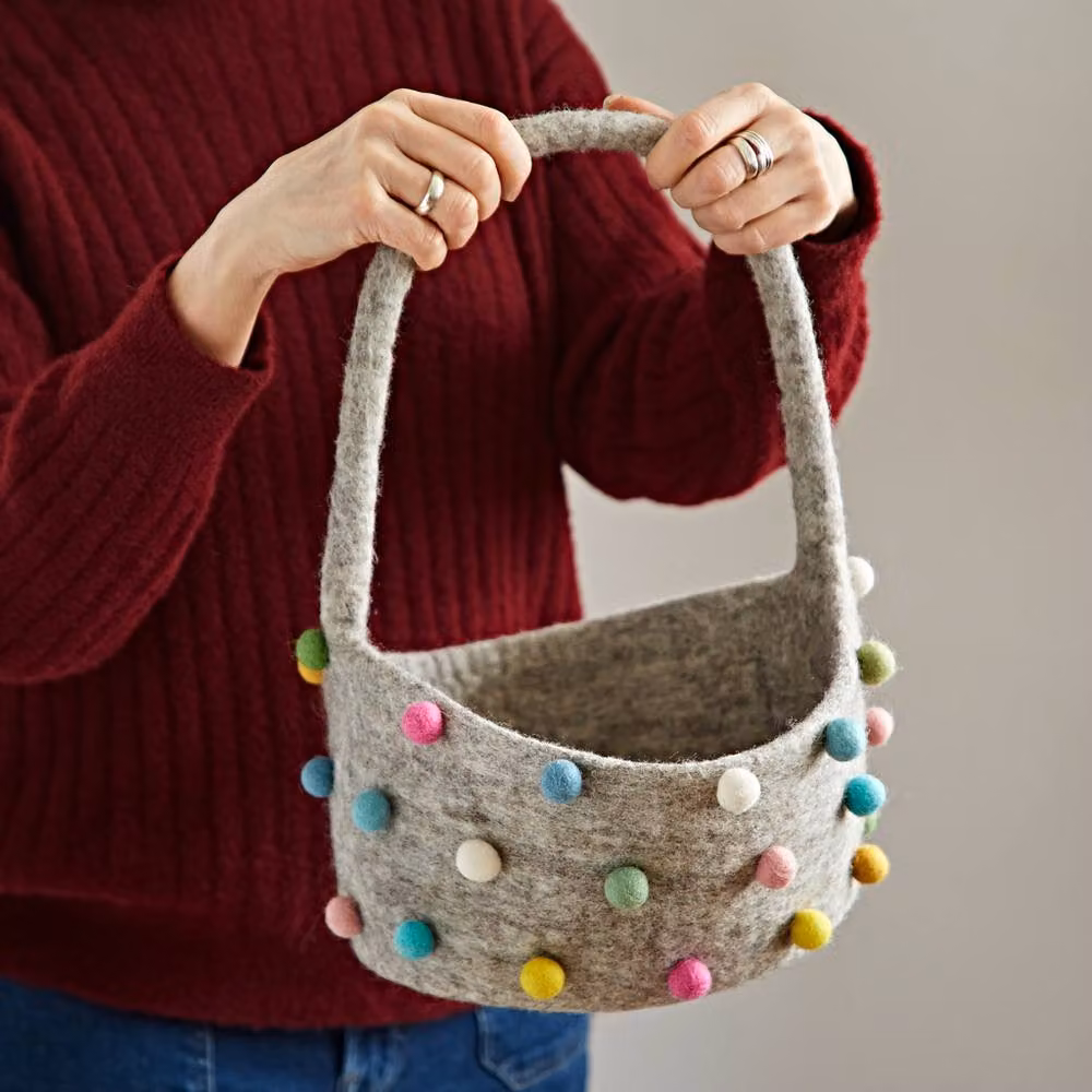 Paper High Felt Pom Pom Storage Basket with Handles in Grey – 2