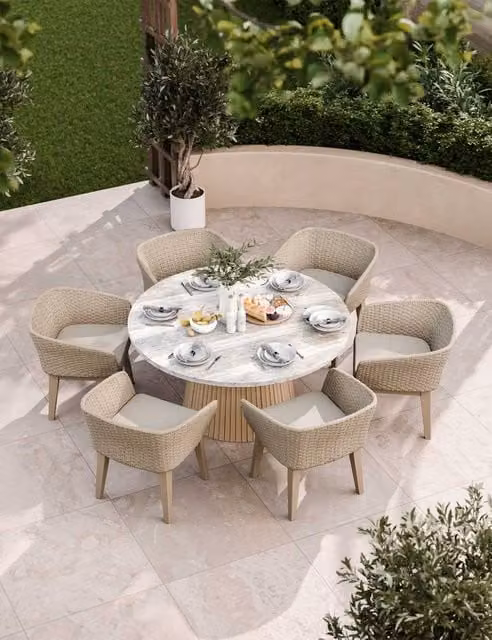 Royalcraft Jupiter 6 Seater Modern Dining Set in Natural Mix with Acacia Wood, Stone and Rattan in Beige