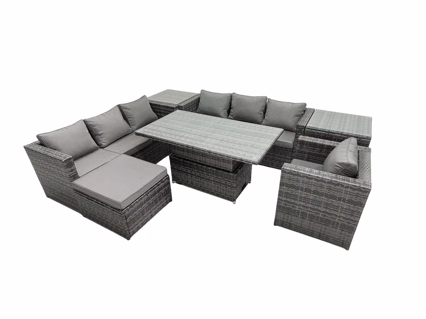 Fimous 8-Seater Rattan Dining Set with Sofa, 2 Side Tables and Large Footstool in Dark Grey – 2