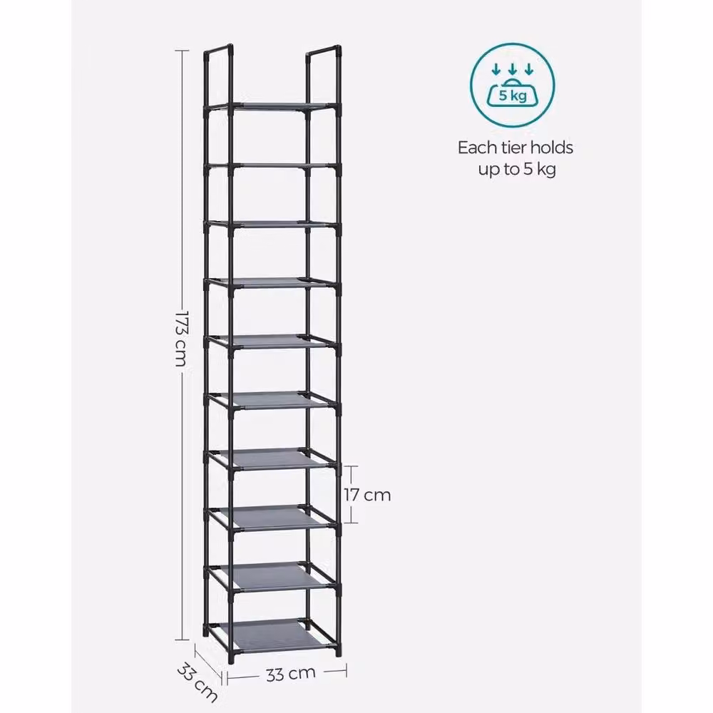 KORVIXA 10-Tier Metal Shoe Rack in Black, W: 100 cm, H: 173 cm, D: 33 cm – 2
