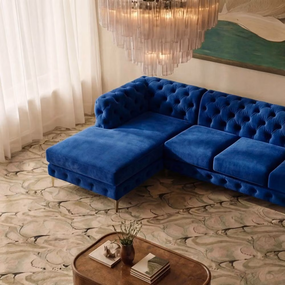 Sofaya Monaco Chesterfield 4 Seater L-Shaped Sofa in Blue Velvet with Left Hand Chaise – 4