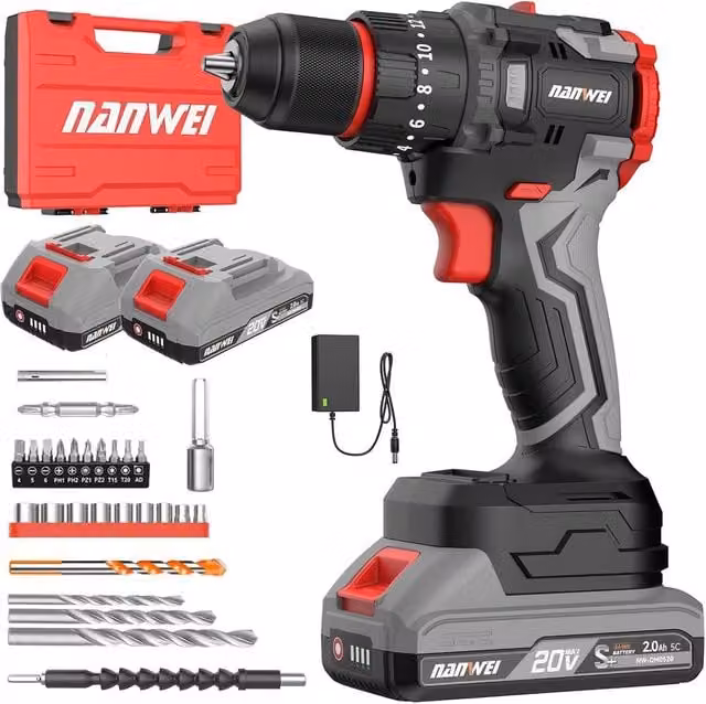 NANWEI 20V Cordless Drill Driver with 2 Rechargeable Batteries and LED Light, Multicolour
