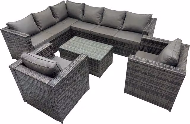 Fimous 8-Seater Outdoor Rattan Corner Sofa Set in Dark Grey Mixed with Fabric Cushions and Coffee Table