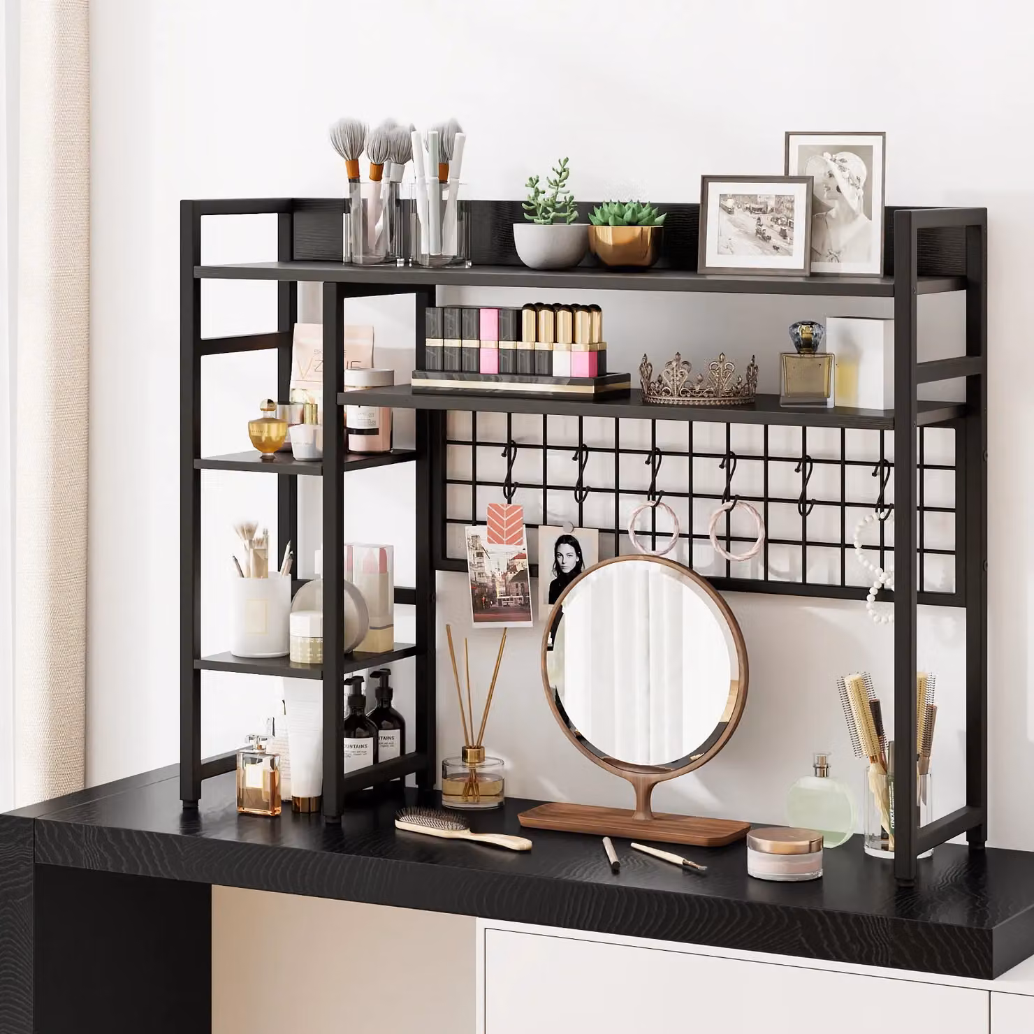 Gymax 4-Tier Metal Desk Shelf with Black Grid Panel and Matt Finish – 5