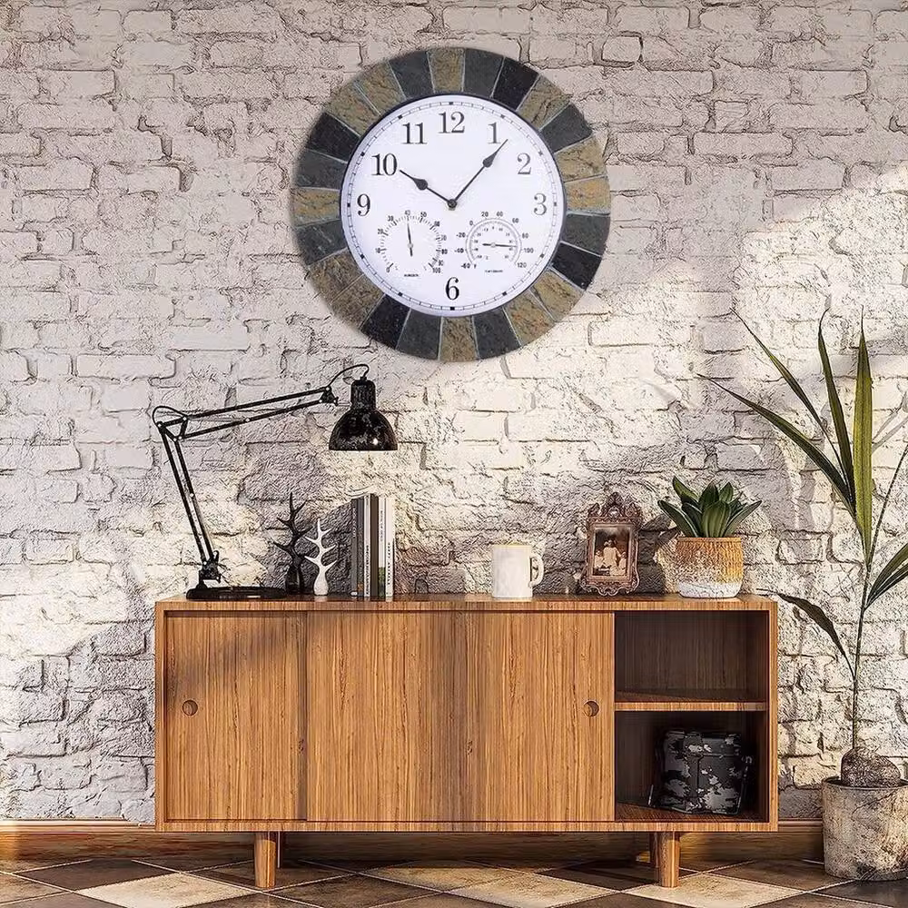 PAWNORA Black Round Analog Garden Wall Clock with Thermometer, Diameter: 35 cm – 3