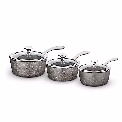 Tower Cerastone Pro 3 Piece Saucepan Set with Glass Lids, Forged Aluminium and Ceramic Coating, Grey/Silver – 1