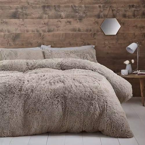 Catherine Lansfield Cuddly Deep Pile Faux Fur Double Duvet Cover Set with Pillowcases, Beige