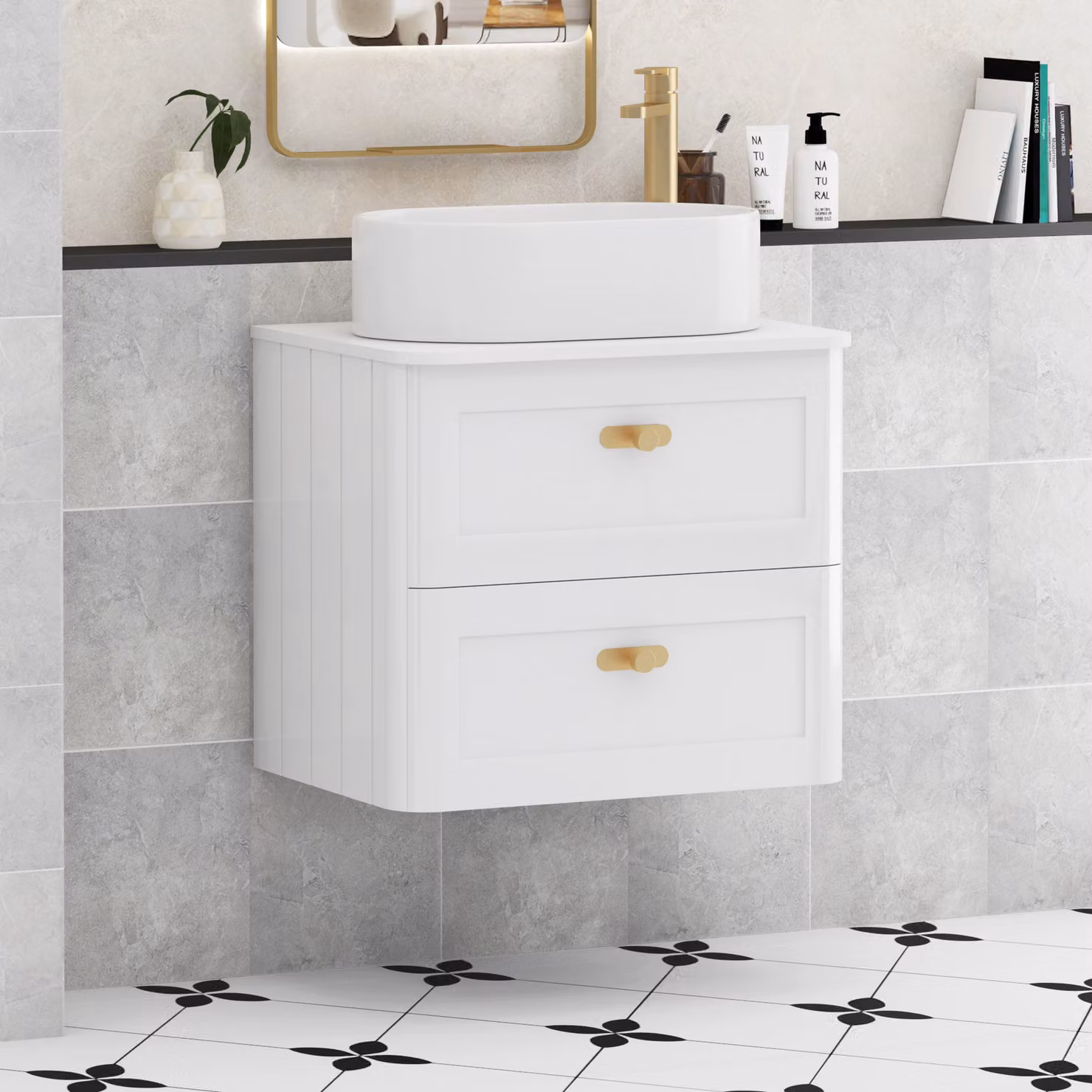 Royal Bathrooms Henley 600mm Gloss White Wall Hung Vanity Unit with 2 Drawers, Plain White Worktop, Peak Basin and Brushed Brass Knob