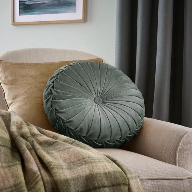 Laura Ashley Rosanna Round Velvet Filled Cushion, Green, Diameter: 35 cm