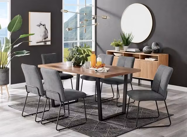 FurnitureboxUK Kylo Brown Wood Effect Dining Table and 6 Cream Halley Fabric Chairs in Dark Grey – 1