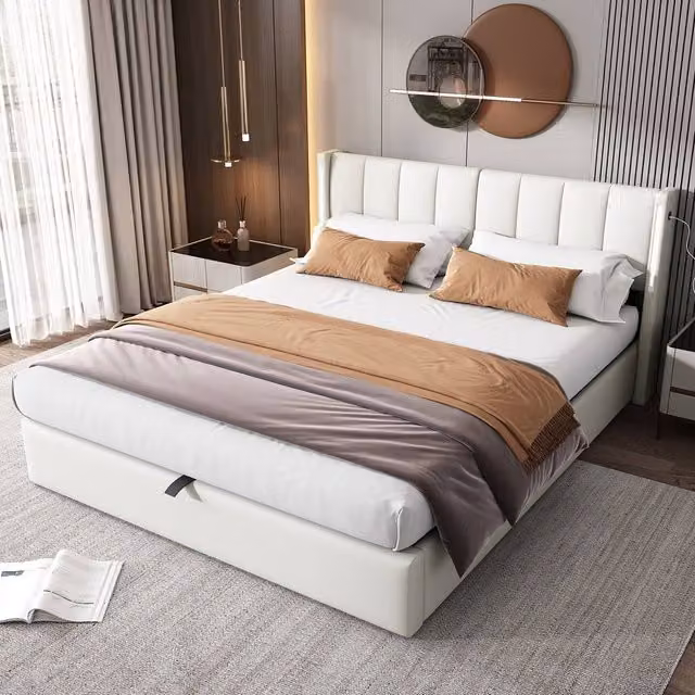 BTM White Super King LED Bed with Hydraulic Storage and USB Charging, W/D/H: 180 x 200 cm