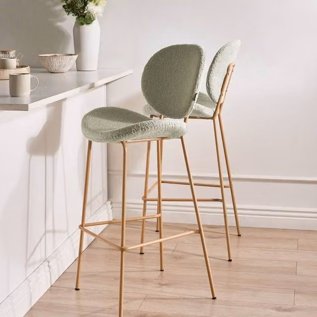 Wyld and Coco Set of 2 Modern Green Bouclé Bar Chairs with Matt Metal Legs – 1