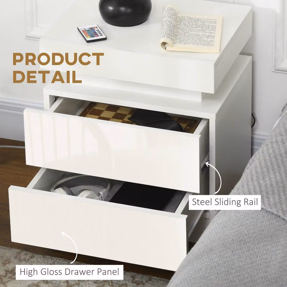 STILVORA White Glossy Bedside Table with 2 Drawers and Integrated LED Lighting – 5