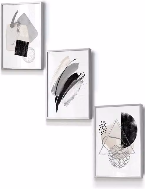 ARTZE Abstract Geometric Watercolour Shapes Framed Wall Art in Black, Grey and Ivory with Metallic Silver Frame, W: 33 cm, H: 45 cm, D: 2 cm