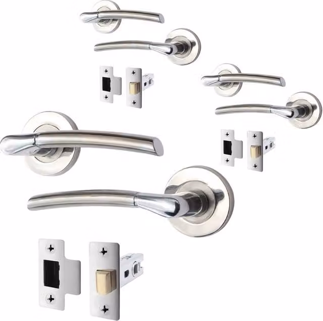 AFIT Chrome Door Handle Set, Satin Nickel Feature Lever with Latch, 3 Pack, Silver, W/H: 15.0 x 15.0 cm – 1