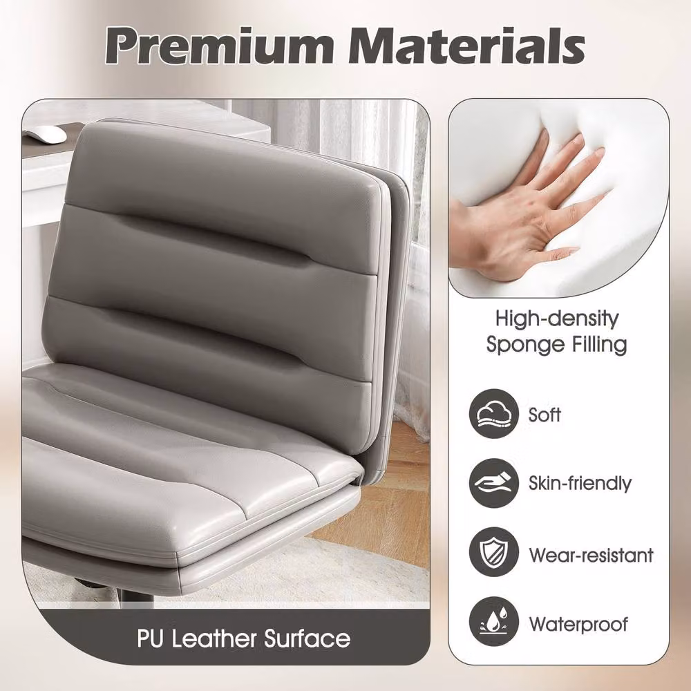 Gymax Height Adjustable Mid-Back Cross Legged Makeup Vanity Chair in Grey PU Leather – 4