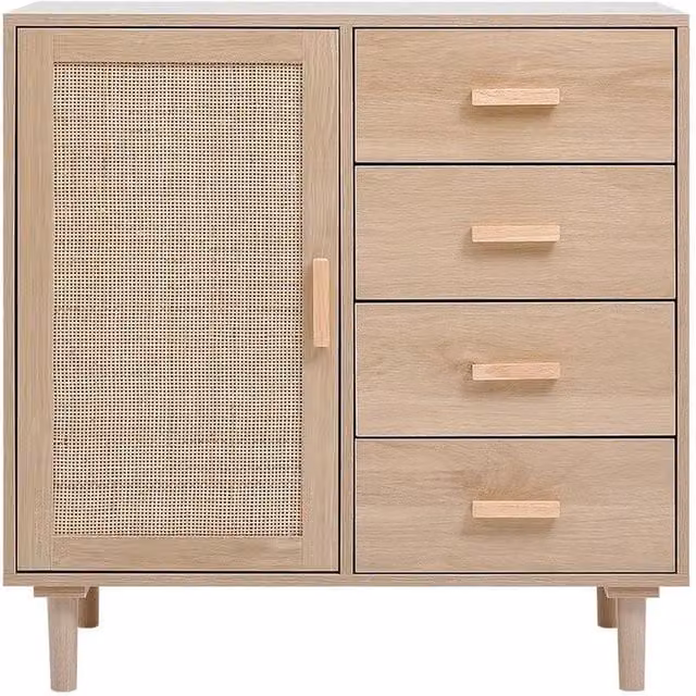 Kelvenix Rustic Pine Buffet Storage Cabinet with Rattan Decor in Natural Beige – 1