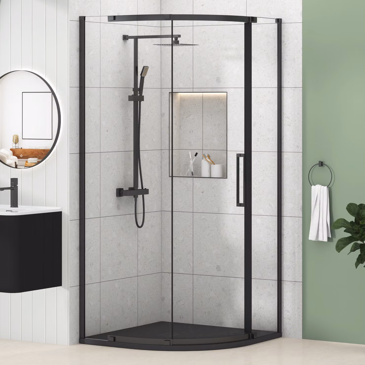 Royal Bathrooms Chelsea Single Door Quadrant Shower Enclosure with Black Mineral Cast Stone Tray, 8mm Easy Clean Glass, Matt Black, W: 90 cm, H: 195 cm