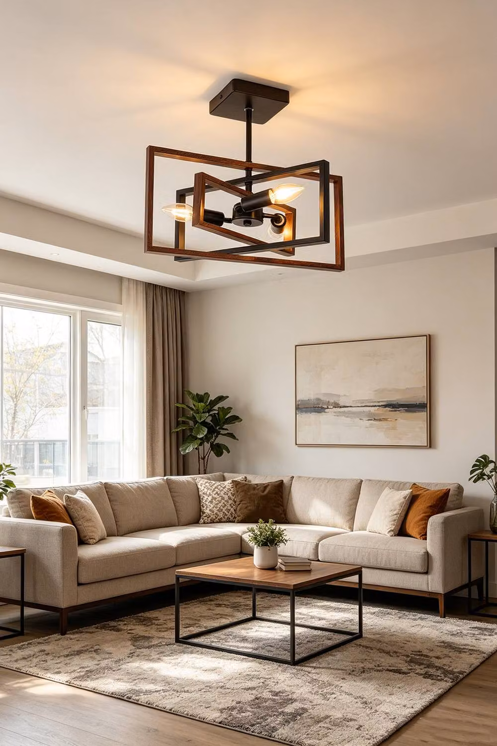 Living and Home 3-Light Industrial Semi-Flush Mount Ceiling Light in Black and Wood – 2
