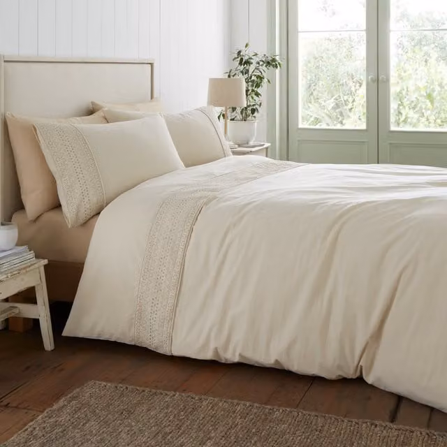 Catherine Lansfield Broderie Anglaise Easy Care Duvet Cover Bedding Set in Cream and Beige