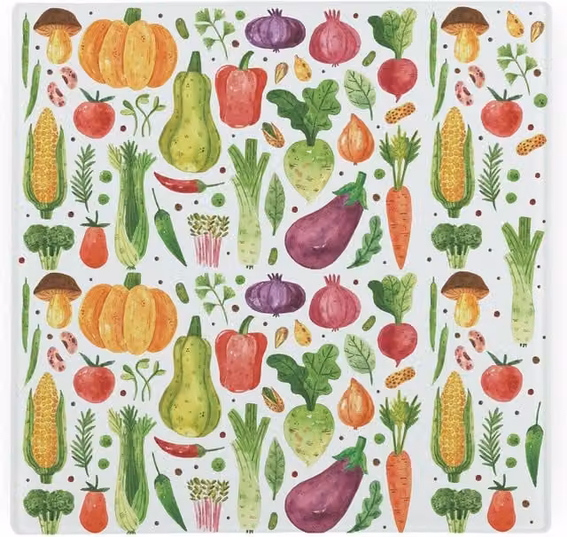 Purely Home Watercolour Vegetables Large Square Glass Worktop Protector and Chopping Board in Green and Multicolour