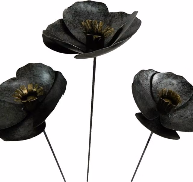 Set of 3 Silver Metal Poppies on 100cm Stick