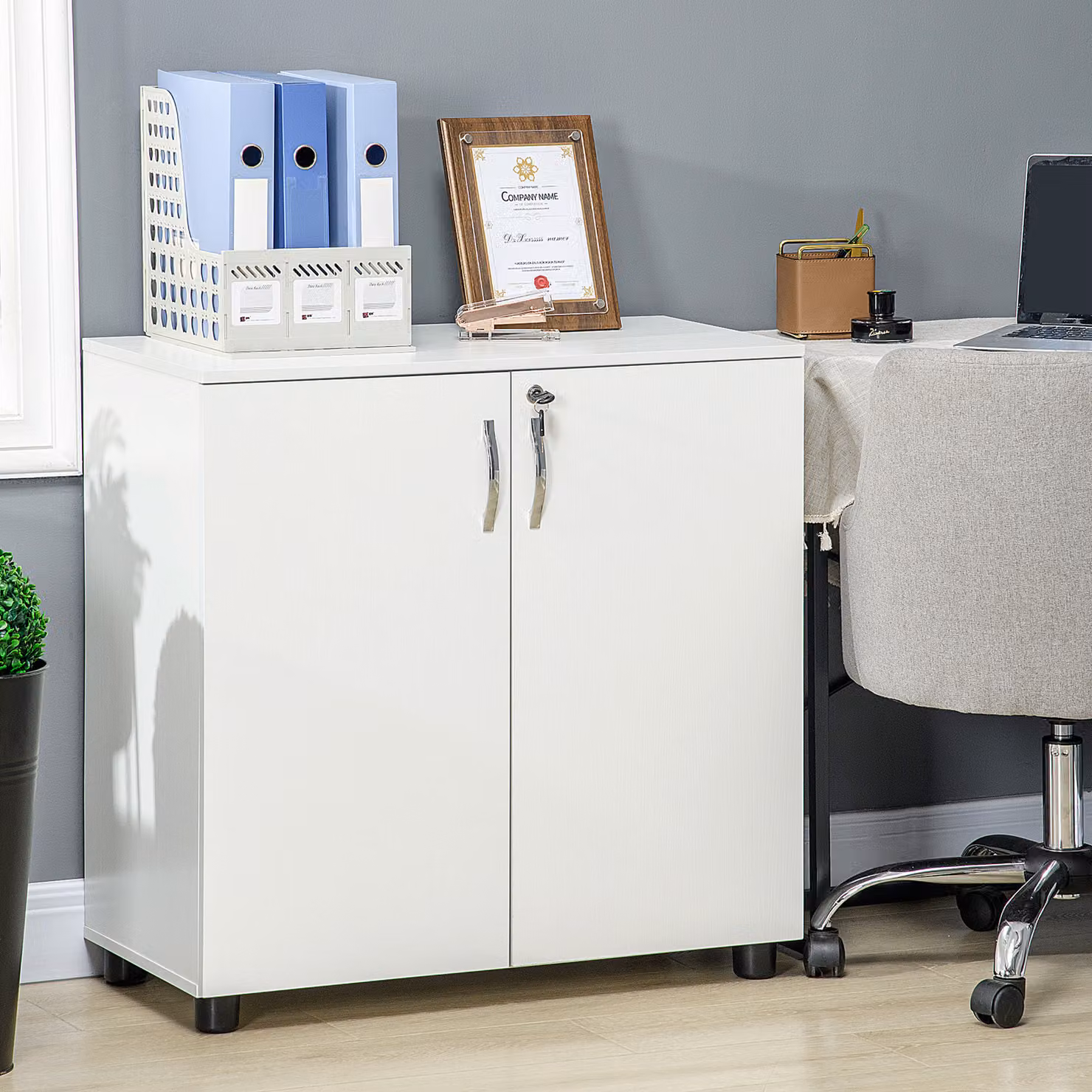 HOMCOM 2-Tier Locking Office Storage Cabinet with Internal Shelves and Hinged Doors, White – 2