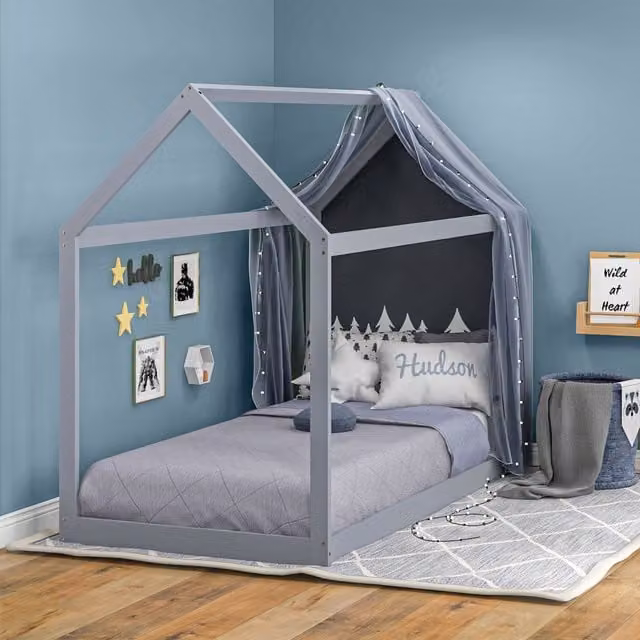 HOMCOM Solid Wood Single Childrens Bed Frame in Tree House Style, Grey – 1